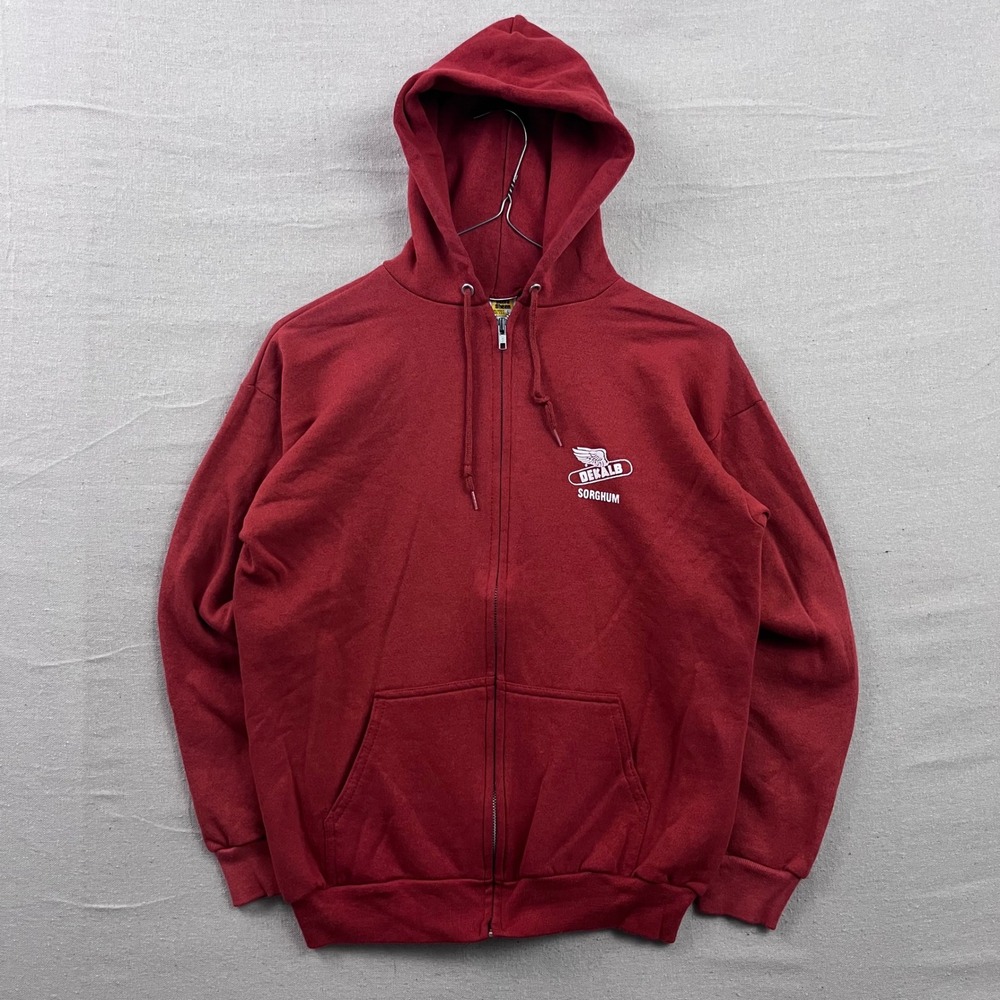 70s Velva Sheen Zip Hoodie Large Red DEKALB Sorghum Vintage‎ Graphic Made in USA